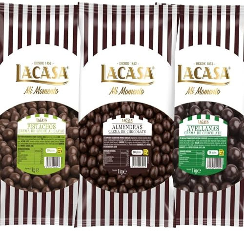 Lacasa Pack 3kg de bolas: Almendra con chocolate Negro,Avellana con chocolate Negro,Pistachos con chocolate Leche