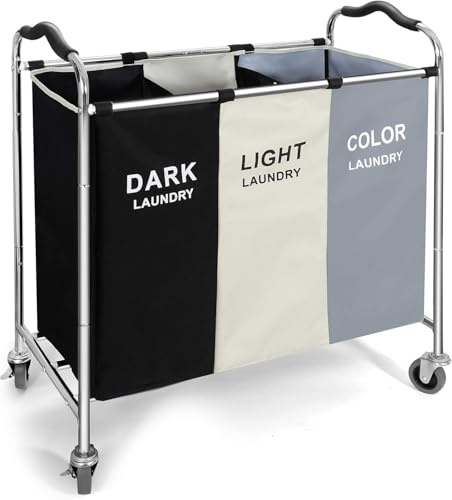 Laundry Sorter with Wheels, 240L Laundry Hamper featuring Removable Bags; 3-Section Laundry Cart with Lockable Casters: Premium Collapsible Laundry Basket for British Homes (White)