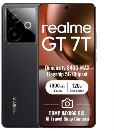 realme GT 7T 5G Smartphone 12+512GB, Negro, Pantalla de 6.8 Pulgadas, Refresco de 120Hz, Carga Rápida de 120W, Batería de 7000mAh, Cámara IA de 58MP, Chipset MediaTek Dimensity 8400, IP68