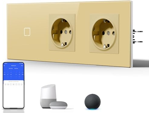 BSEED Interruptor Táctil de Pared Inteligente,Panel de Cristal,Pulsador con Pilotitos LED,Fáciles de Limpiar,E-Series,1 Gang 1 Vía + 2 Enchufes,228mm Oro