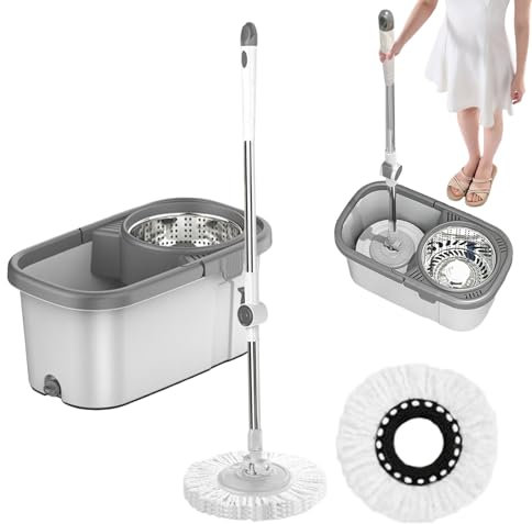 Microfibre Mop - Premium Flat Mop | Bucket Set For Floor Cleaning | Rotating Floor Cleaning Mop And Bucket | Household Cleaning Tool With 2 Replacement Heads For Kitchen Bathroom Living Room