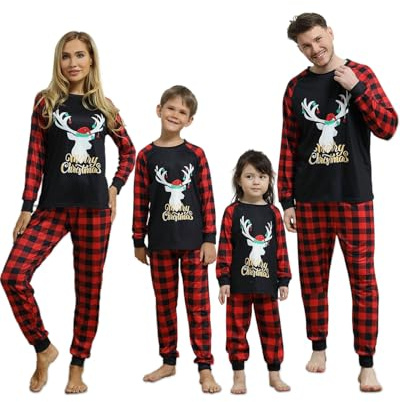 DDKJ Pigiama Natale Famiglia Set, Pigiami Natalizi per Tutta la Famiglia, Pigiama Natalizio Coordinati Manica Lungo, 2 Pezzi Pigiami di Natale per Coppia Donna Uomo Bambino Bambina Mamma papà