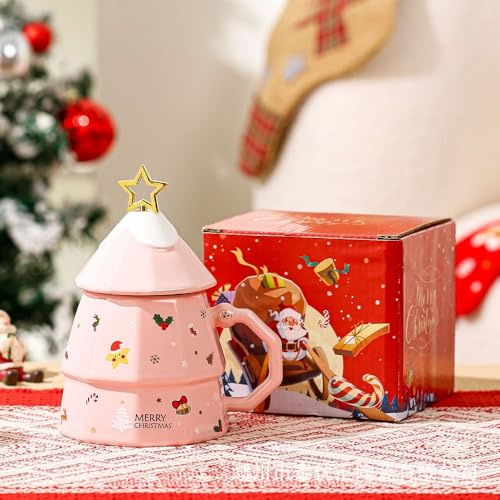 Huiyiwert Porzellan Weinachtsbecher mit Deckel und Rührstab Lustige 3D Weihnachtsbaum Form Kaffeetasse Weihnachtsmotiv Milchbecher Weihnachtstasse Geschenk für Weihnachten Nuejahr (Rosa)