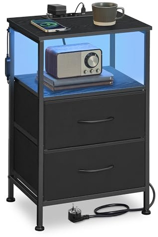 SONGMICS BELLAH Kollektion - Nachttisch mit Ladestation, Beistelltisch mit App-gesteuerter, Einstellbarer LED-Beleuchtung, 1 offenes Fach, 2 Schubladen, tintenschwarz-ebenholzschwarz LGS302BH02 | Seitentisch, 39,6 x 30 x 60,4 cm, für Schlafzimmer, Wohnzimmer, Schwarz und Ebenholz, Kollektion BELLAH LGS302BH02