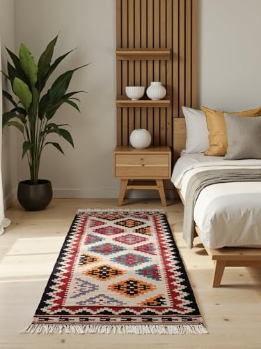 Hanse Home Afghan Kelim Teppich Kian - Bunter Traditioneller Teppich Handgewebt, Wolle & Baumwolle - Afghanischer Stil Oriental mit Fransen für Wohnzimmer, Schlafzimmer - Creme Multi, 60x190 cm