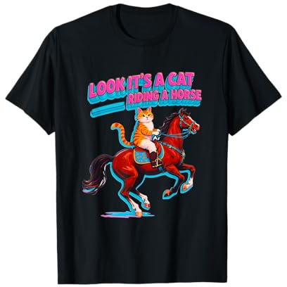 Funny Cat Riding a Horse Meme Retro Humor Tee T-Shirt