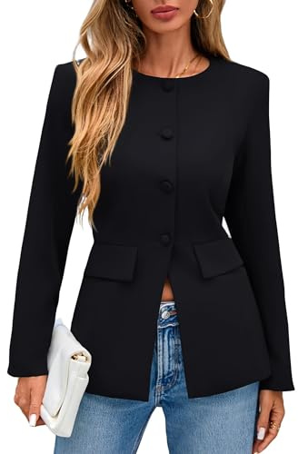 Lazysmile Blazers for Women Long Sleeve Crewneck Button Down Suit Jackets Work Office Business Casual Outfits with Pockets Black