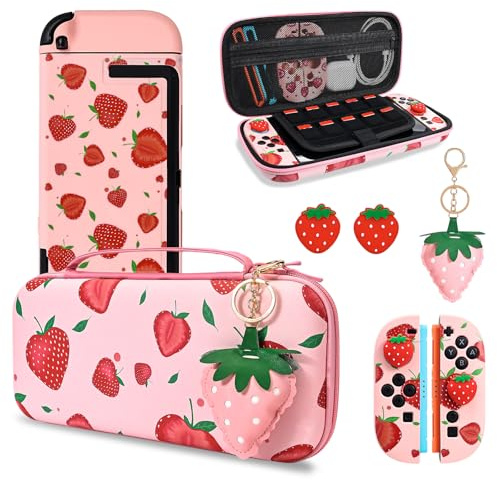 DLseego Étui de Transport pour Switch 2,Rose Portable Voyage Mallette de Rangement,Fraises Thème Bundle avec NS 2 Dockable Cover de Protection,2PCS Joystick de Capuchon 1PC Breloque,Grande Fraise