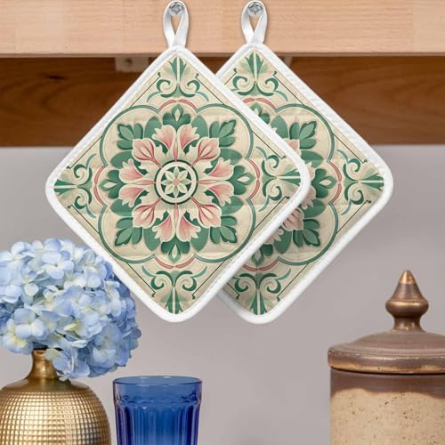 Pot Holders Set of 2, Abstract Pink Green Flower Texture Potholder for Kitchen Heat-Proof Hot Pads, Retro Stripe Floral on Flax Hot Mats Potholders for Cooking Baking BBQ