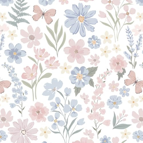 Timeet Selbstklebende Tapete 44cmx3m Klebefolie Wand Blumenmuster Möbelfolie Selbstklebend Vintage Vinyl Wrap Wandfolie Wasserdicht Weiß Rosa für Schlafzimmer Wohnzimmer DIY Wanddekoration