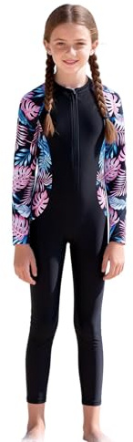 Girls Swimming Costume Kid One Piece Long Sleeve Rash Guard Swimsuit Tropical Print Swimwear Modest Bathing Suit Surfing Diving Swimsuit with Full Leg Coverage for Age 7 to 12 Years Black