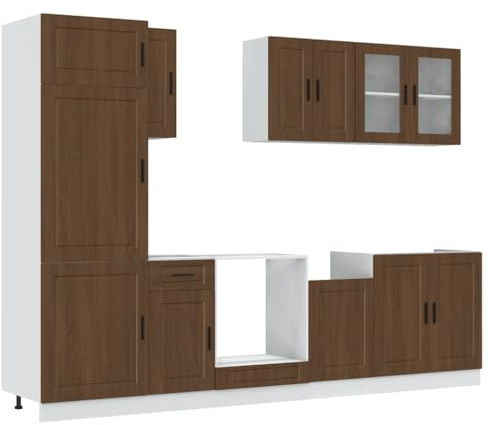 Mhdvray Juego de 8 muebles de cocina Kalmar con aspecto de roble marrón, muebles de cocina modulares de madera, incluye fregadero, horno y armario colgante