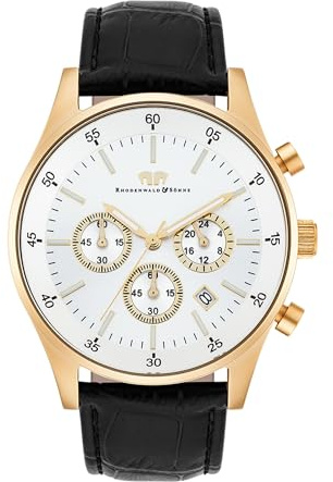 Rhodenwald & Söhne Herren Uhr Chronograph Edelstahl Gelbgold 5 ATM Quarzuhr | Präzisions Quarzwerk,Echtlederarmband,schwarz,Krokodil (Prägung),Stopp-Uhr/Totalisatoren,Mineralglas,analog,Armbanduhr