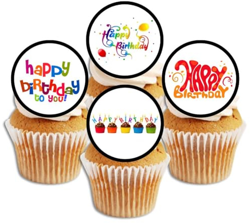 Happy Birthday Edible Cupcake Toppers – Colourful Party Decorations for Cakes & Celebration Treats 48 x 1.18 Inch 3cm Uncut