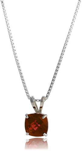 MAX + STONE 925 Sterling Silver Cushion Cut Garnet Necklace | 6mm Solitaire January Birthstone Necklace for Women | Red Gemstone Pendant Necklaces with 18 inch Cable Chain
