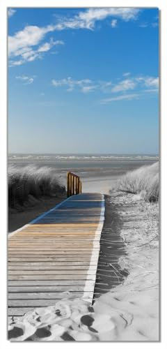 Wallario Selbstklebende Türtapete Auf dem Holzweg zum Strand in schwarz-weiß Optik - Türposter 93 x 205 cm Abwischbar, rückstandsfrei zu entfernen
