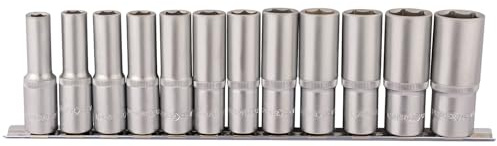 Draper 16403 1/2-Inch Square Drive Metric Deep Sockets 12 Piece Set on Metal Rail , Blue