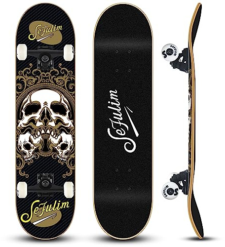 Sefulim 31 x 8 Inch Complete Skateboard, 7 Layer Canadian Maple Double Kick Deck