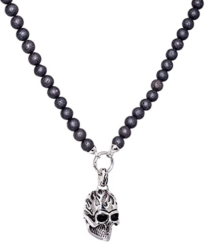 Halbedelstein Totenkopf Skull Halskette Rosenkranz Onyx, Herren Schmuck Männer schwarz Perlenkette Bikerschmuck Skull Edelstahl Gebetskette Geschenk Gothik Matt Lava Religion Handgemacht Handmade