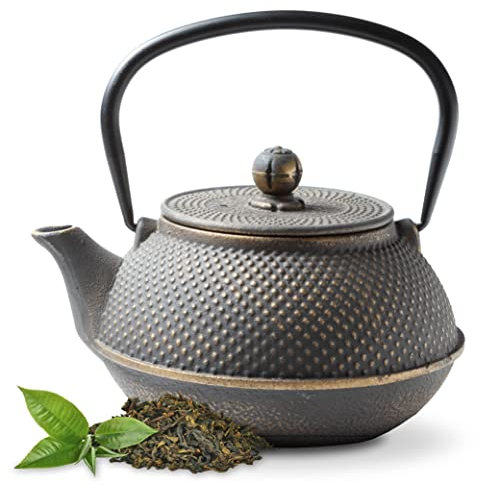 Tealøv Tetera Hierro Fundido 800 ML | Tetera de Hierro Fundido | con Infusor de Acero Inoxidable | Interior Totalmente Esmaltado | Durable | Retiene el Calor | Estilo Japonés | Colección: Arare | Oro