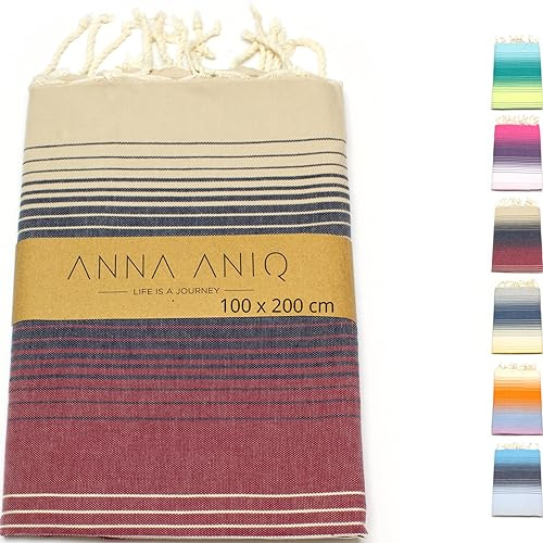 ANNA ANIQ Fouta Serviette de hammam, serviette de sauna, serviette de plage XXL extra large 100 x 200 cm – 100 % coton, serviette de bain orientale, pestemal, serviette de plage (bleu foncé/bordeaux)