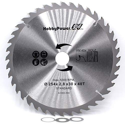 1 Kreissägeblatt Sägeblatt 254x30mm 40 Zähne + 3 Reduzierringe auf 25,4/20 / 16 mm für Metabo Kappsäge KS 254 Plus, Kappsäge KGS 254 M