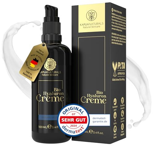 BIO Hyaluron Creme Gesicht hochdosiert 100ml + Arganöl + Aloe Vera + Kokosöl • 100% Vegan & BIO • Naturkosmetik Made in Germany ✓ Anti Falten Creme ✓ Feuchtigkeitscreme Anti-Aging Tages- &Nachtcreme