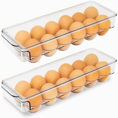 Livorini Egg Holder for Fridge 12 count 2 Pack Egg Container for Refrigerator Clear Stackable with Lid & Handles