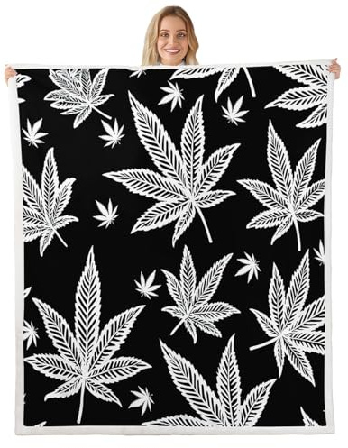 Feelyou Marijuana Leaf Fleece Throw Blanket Cannabis Leaves Sherpa Blanket Marijuana Weed Leaf Botanical Plush Blankets and Throws Hemp Fuzzy Blanket for Bed Sofa Couch,Black,Grey 90 x 90