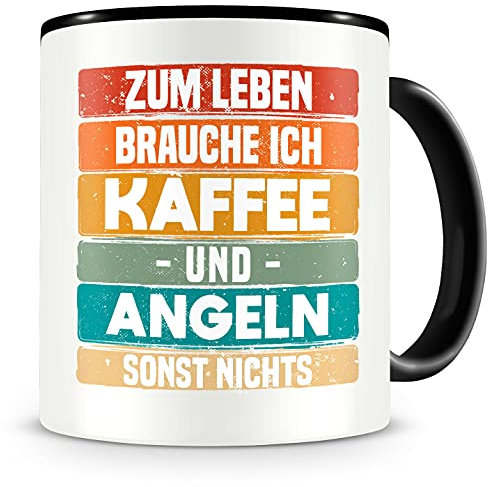 Samunshi® Angeln Tasse mit Spruch Kaffee und Angeln Geschenk für Angeln Fans Kaffeetasse groß Lustige Tassen zum Geburtstag schwarz 300ml