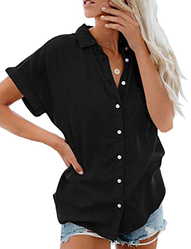 Xnova Camisa Manga Corta de Mujer Básica Blusa Botón Cuello en V Oversized Tops Sólido Essentials Shirt, Cuello con Solapa de Verano Camiseta con Bolsillo (Negro,XL)