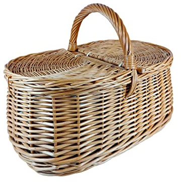 Panier en Osier pour Pique-Nique/Camping - Panier à provisions - pour Fruits - légumes ou Champignons - avec Double Couvercle/Panier à provisions/tressé à la Main 44 x 27 H 23/36 cm