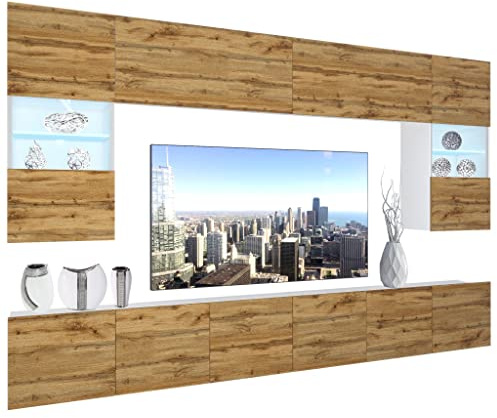 BELINI Wohnwand Schrankwand NEX 1 mit LED-Beleuchtung, Wotan-Eiche | Vollausstattung Wohnzimmer-Set Moderne Schrankwand Anbauwand TV-Schrank