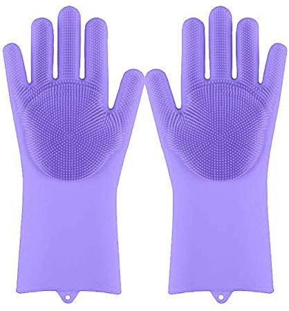 Magic Silicone Scrubbing Gloves, Cleaning Sponge Gloves with Scrubber for Dish Washing, Kitchen, Bathroom, Car Pet Grooming LightPurple