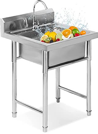 Freistehende Edelstahl Spültisch, Standwaschbecken, Spülbecken Küche Mit Wasserhahn, Abtropffläche Und Handwaschbecken, Outdoor Garage Garten Küche Camping Keller Spülschrank Komplettspüle