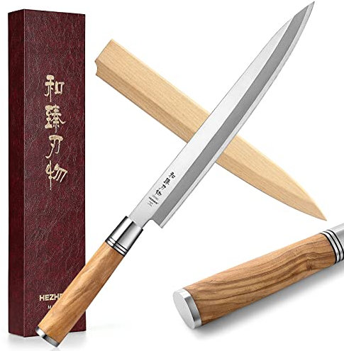 HEZHEN- 270mm Yanagiba-Messer,Japanischer Stil Schmieden von Stahl Sashimi-Messer,Sushi-Messer Filetiermesser,D-förmiger Griff aus Olivenholz Messerscheide aus Holz
