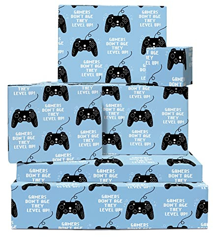 Central 23 Gaming-Geschenkpapier für Jungen und Mädchen - 6 Bögen für Gamer - Blaues Geburtstags-Geschenkpapier für Freund, Ehemann, Männer und Frauen