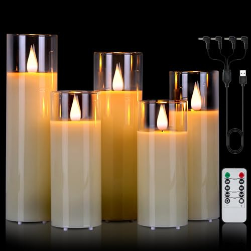 Wiederaufladbare LED Kerzen flackernde flamme, Echtwachs Kerzen im Glas mit 10-Tasten Fernbedienung & USB Kabel, 5 Stück Elektrische Deko Kerzen mit timerfunktion Φ 5,3cm, Höhe 13/14/16/18/20cm