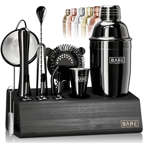 BARE BARREL® Cocktail Kit | Mixology Bartender Kit | 14-Piece Martini Cocktail Shaker Set | Home Bartending Tool Kit Bar Accessories | Stand & 35 Recipe Cards | Gift Set (Jet Black)