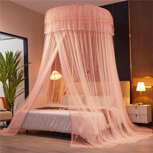 JUSHZ Moskitonetz Doppelbett Reisebett Mückennetz Bett Mosquito Net Fliegennetz Bodenstehender Bettvorhang Verschlüsselte Gaze Höhe 2,7 M Sommer Abgehängte Decke (Pink1)