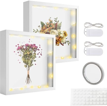 ZIOYA 2 Piezas Marcos con Profundidad 20x20cm + 2 Luces Led 1M Marco de Fotos 3D para Llenar Profundidad para Objetos de hasta 3 cm Marcos para Cuadros 3D para Flor Manualidades Fotos Regalo de Boda