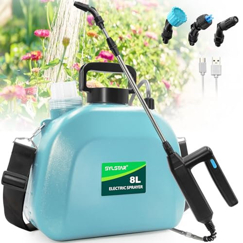 SYLSTAR Battery Powered Garden Sprayer 8L, Upgrade Electric Weed Sprayer with 3 Mist Nozzles, USB Rechargeable Handle, Retractable Wand and Adjustable Shoulder Strap, Water Spray for Lawn (Blue)