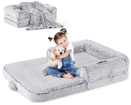 ZOMISIA Human Dog Bed for Kids, 2 in 1 Foldable XL Bed for People Fits Pet Families, Orthopedic Calming Memory Foam Dog Sofa, Faux Fur Human Size Pet Bed with Blanket, 54x38x8.5, Grey