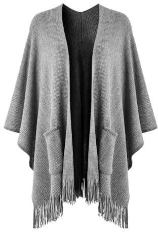 Ferand Poncho para mujer con frente abierto y bolsillos, capa de punto suave con flecos para otoño e invierno, gris, Talla única