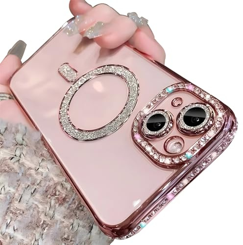 Rokmym Custodia Compatibile con iPhone 13 Trasparente con Mag-Safe, Bling Diamante Glitter, Fotocamera Protezione, Morbido TPU Bumper per iPhone 13, Rosa