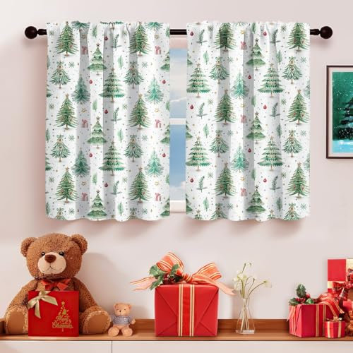 WeeQil Küchen Scheibengardinen 2er Set Küche Kurz Weihnachten Weihnachtsbaum Muster Bistro Modern Blickdicht Landhausstil Bedruckt Bistrogardine für Kleine Fenster Weihnachtsgardinen 60 90 cm Hoch