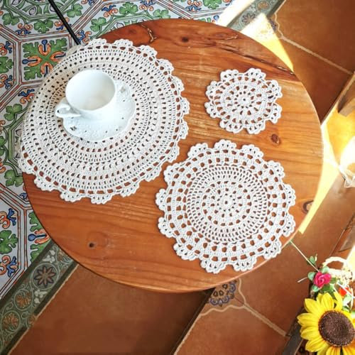 2 Stück Spitzendeckchen,Häkeldeckchen Handgefertigt Gehäkelt Runde Tischsets Baumwolle Placemat Spitze Deckchen,Stickerei Tisch Tischset Untersetzer Blume Matte für Hochzeit Geburtstag,Weiß 23–25 cm