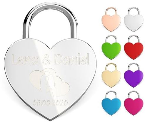 Metzler Herzschloss personalisiert mit Gravur in Silber – Liebesschloss mit Namen & Datum – Schloss mit Herzschlüssel aus Metall, wetterfest – romantisches Geschenk für Paare inkl. Samtbeutel