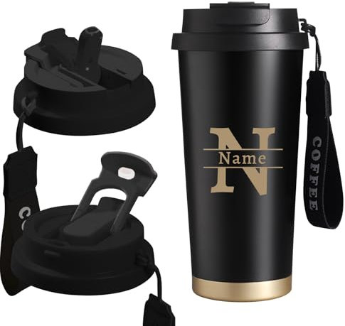 Personalisierte Kaffeebecher To Go Thermobecher Kaffee Personalisiert mit Namen Thermo Kaffeebecher mit Deckel & Strohhalm Termokaffeebecher Edelstahl Personalisierte Geschenke (Schwarz)