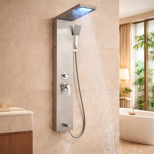 TVTIUO Columna de Ducha Multifunción 5 en 1 Montaje en Pared,Lluvia,Cascada,Chorros de Masaje,Ducha de Mano y Boquilla,Cepillado(Acero Inoxidable)